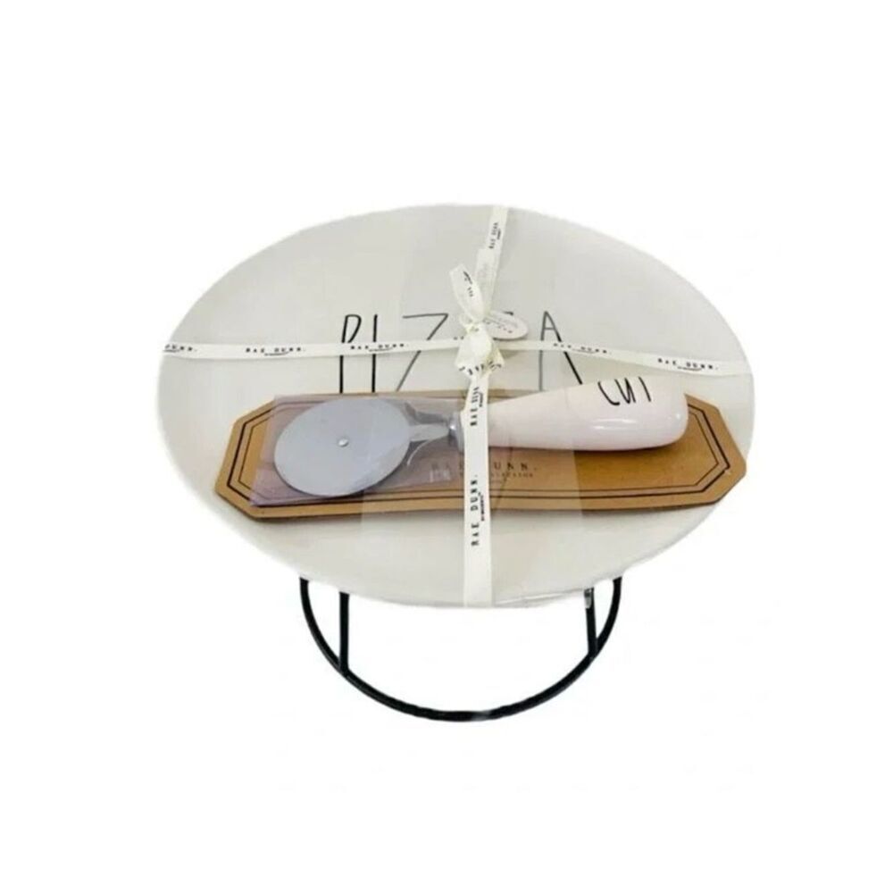 NWT Rae Dunn Pizza Tray and Cutter Set - includes stand, plate, and pizza cutter